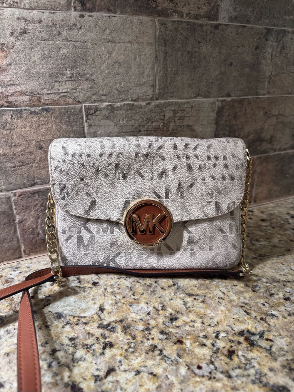 Michael Kors White Logo Crossbody with Gold MK Emblem